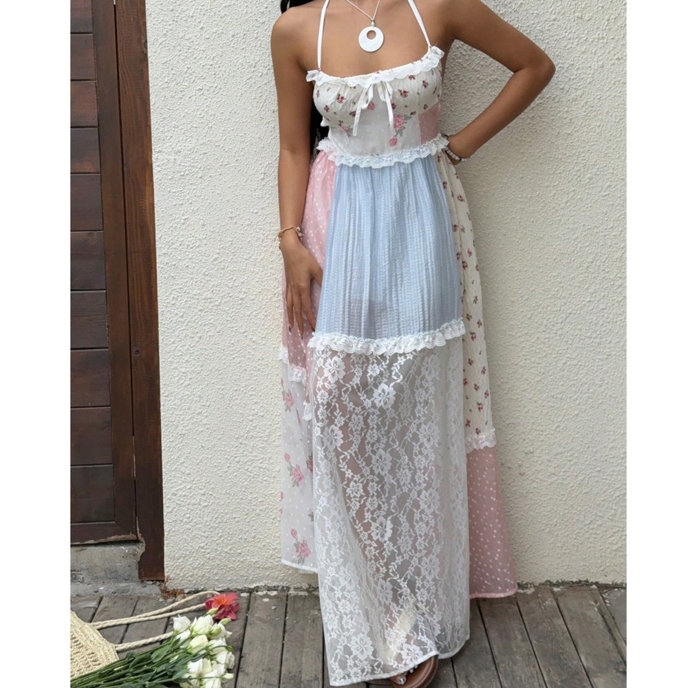 Pastel Patchwork Lace Maxi Dress in Pink & Blue - Picture 4 of 5